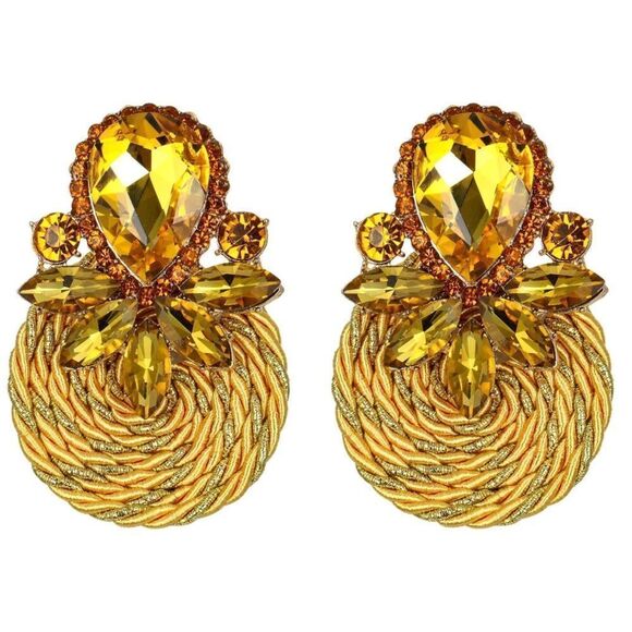 Yellow Gold with Citrine Crystal Floral Cluster Rattan Post Statement Earrings - Picture 1 of 5
